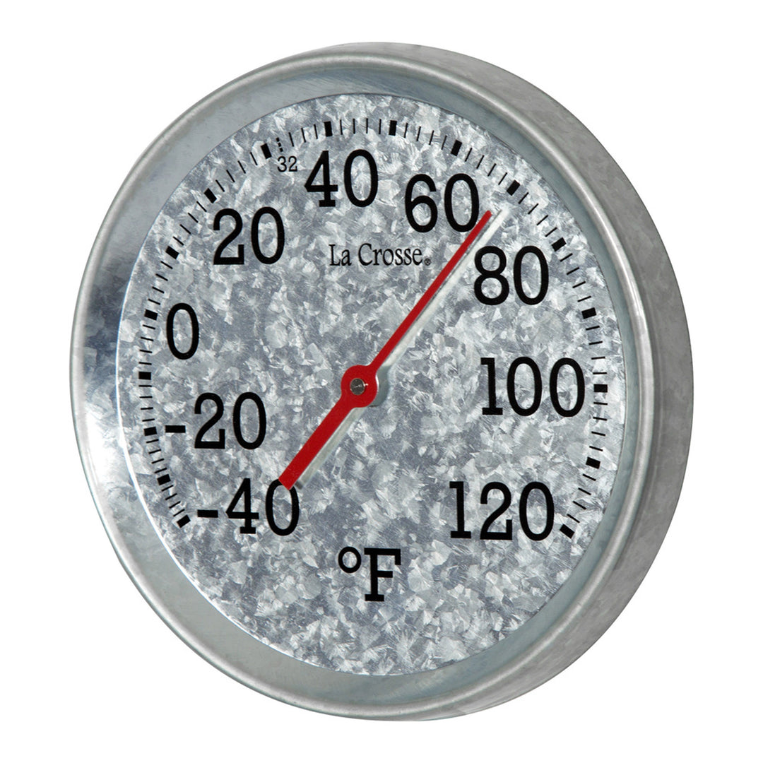 Left-facing 104-2822 8-inch Galvanized Dial Thermometer, galvanized metal dial with black number markings and a red pointer with a temperature scale from -40 to 120 degrees Fahrenheit