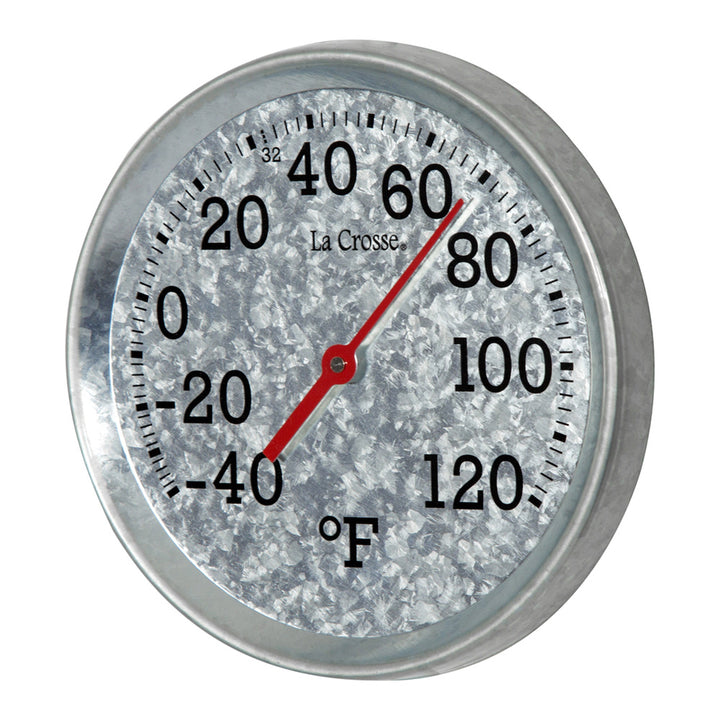 Left-facing 104-2822 8-inch Galvanized Dial Thermometer, galvanized metal dial with black number markings and a red pointer with a temperature scale from -40 to 120 degrees Fahrenheit