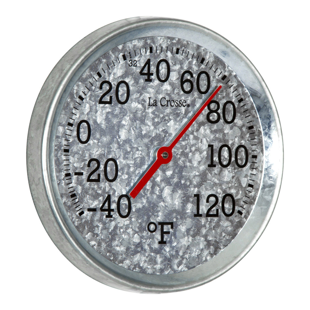 Right-facing image of the 104-2822 8-inch Galvanized Dial Thermometer, galvanized metal dial with black number markings and a red pointer with a temperature scale from -40 to 120 degrees Fahrenheit