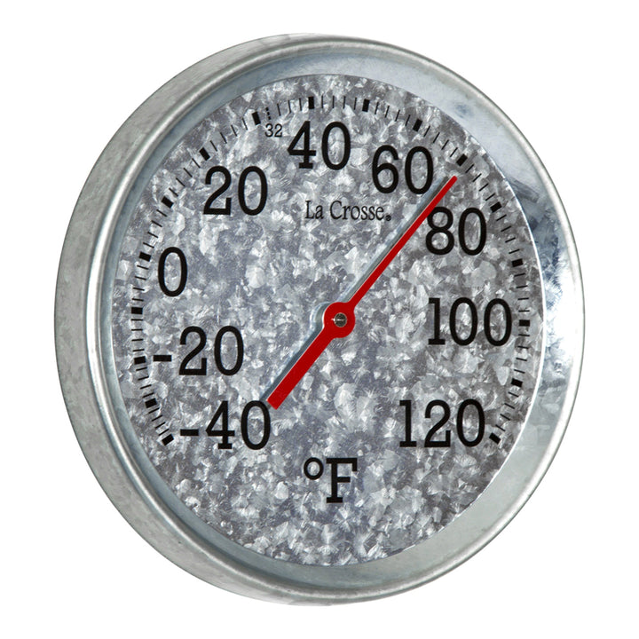 Right-facing image of the 104-2822 8-inch Galvanized Dial Thermometer, galvanized metal dial with black number markings and a red pointer with a temperature scale from -40 to 120 degrees Fahrenheit