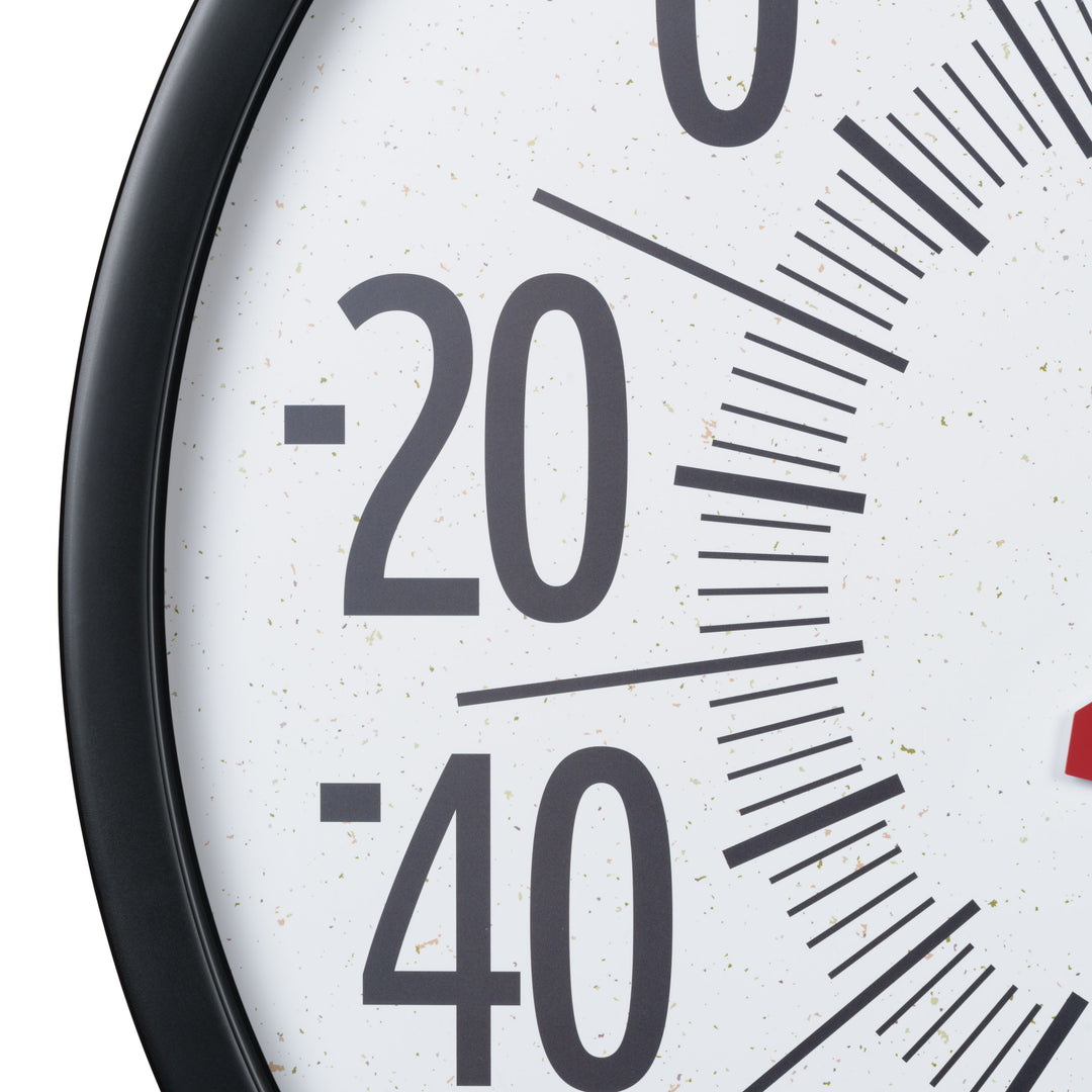 Close-up view of the Emperor dial thermometer 104-3056 showing the bold black numbers and speckled terrazzo white dial design