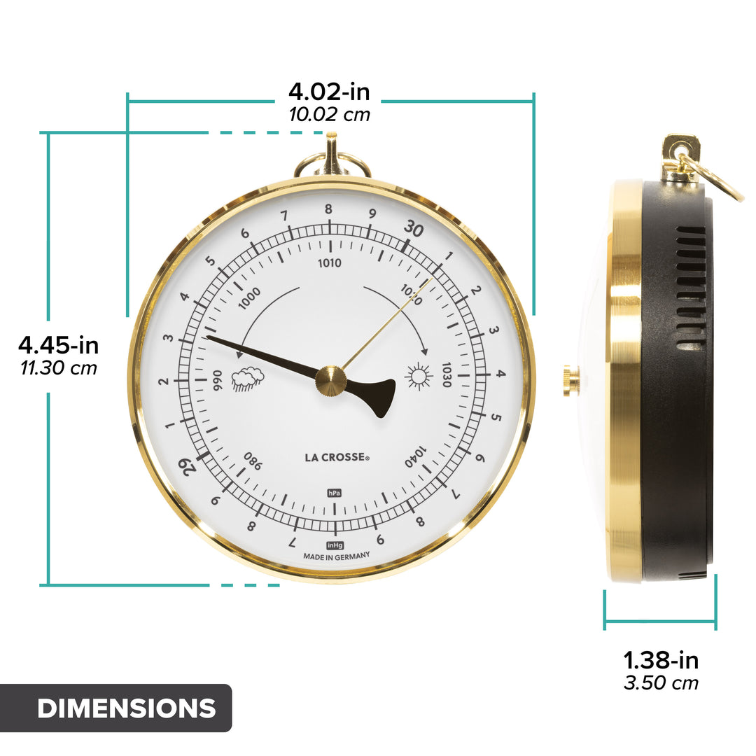 Front and side views of the 138-611W Analog Barometer with a white dial and gold trim, showing labeled dimensions including diameter and depth measurements in inches and centimeters.