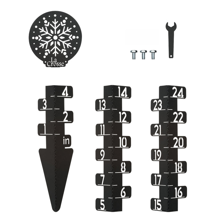 139-1686 Metal Snow Gauge disassembled showing what comes in the box, four parts to the snow gauge and a wrench, screws and brackets to assemble