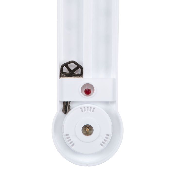Close-up back image of the 204-109 8.75-inch Thermometer with Hygrometer constructed in a white case. The image features the key hider compartment showing a key in place.