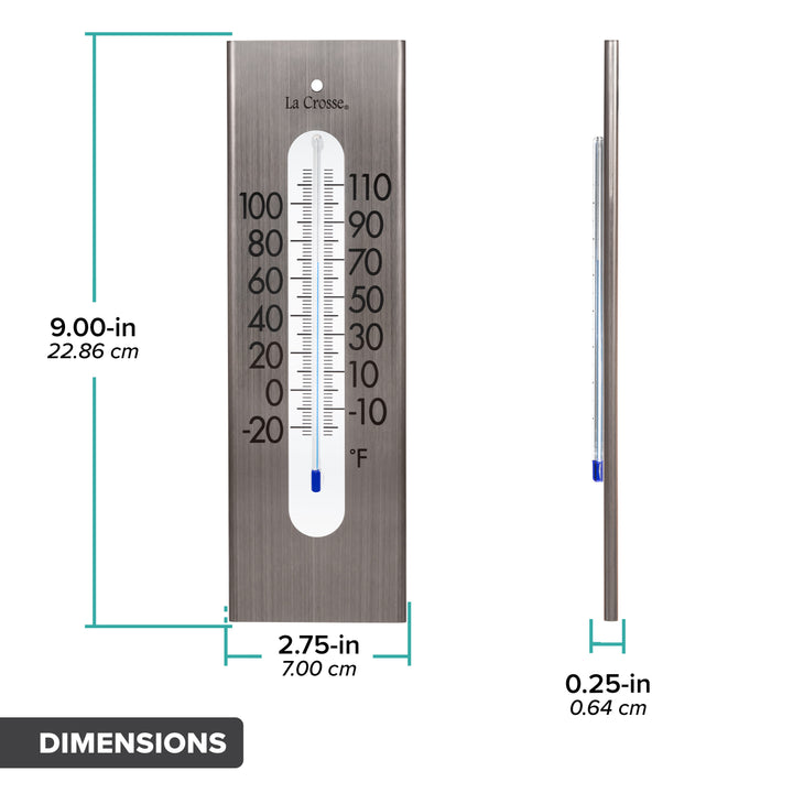 Dimension image of the 204-1523 9-inch Stainless Steel Capillary Thermometer in inches and centimeters. The thermometer stands 9 inches tall, 2.75 inches wide, and has a depth of .25 inches.
