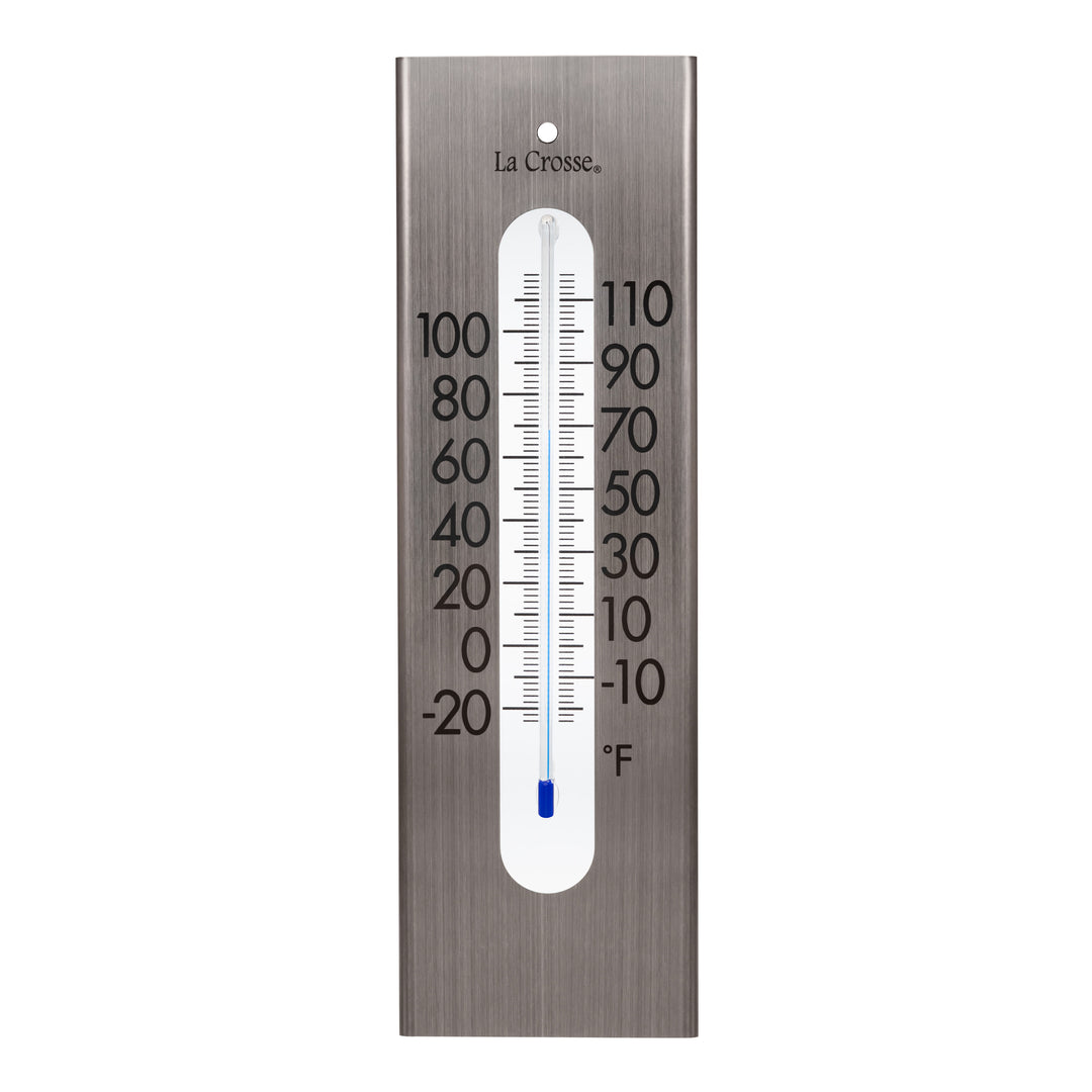 Head-on image of the 204-1523 9-inch Stainless Steel Capillary Thermometer featuring a brushed stainless steel finish, bold black numbers, blue capillary fill, and a La Crosse logo.