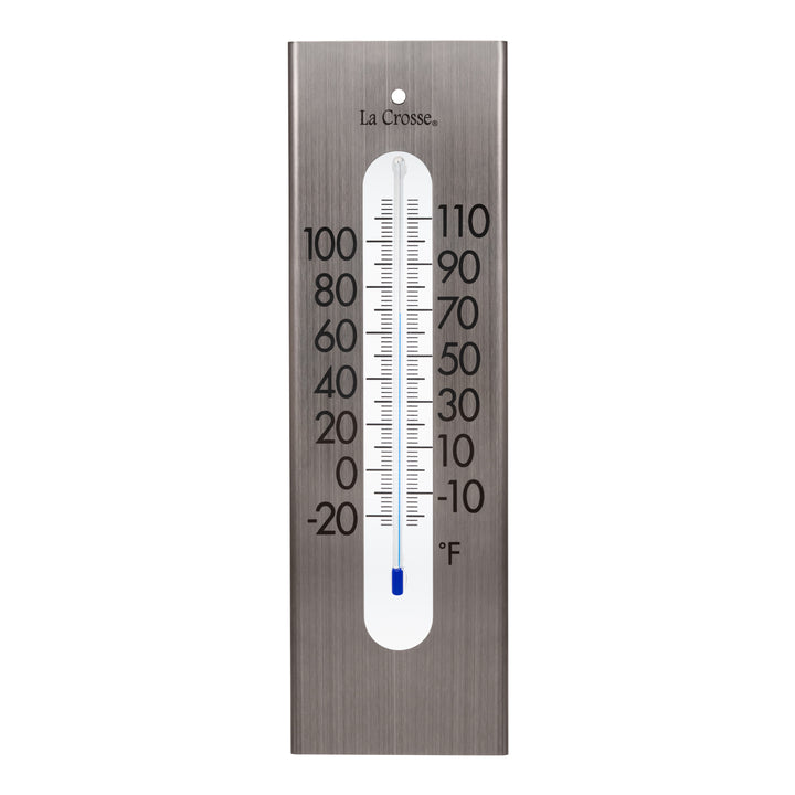 Head-on image of the 204-1523 9-inch Stainless Steel Capillary Thermometer featuring a brushed stainless steel finish, bold black numbers, blue capillary fill, and a La Crosse logo.