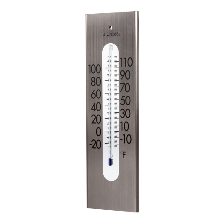 Left-facing image of the 204-1523 9-inch Stainless Steel Capillary Thermometer featuring a brushed stainless steel finish, bold black numbers, blue capillary fill, and a La Crosse logo.