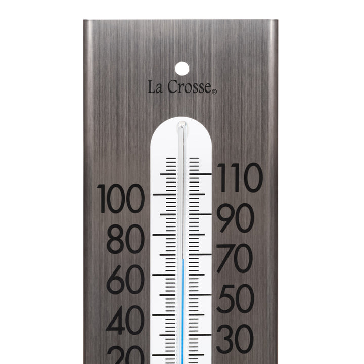 Close-up image of the 204-1523 9-inch Stainless Steel Capillary Thermometer showing the brushed stainless steel finish, the bold black numbers, and the blue capillary fill with the La Crosse logo.