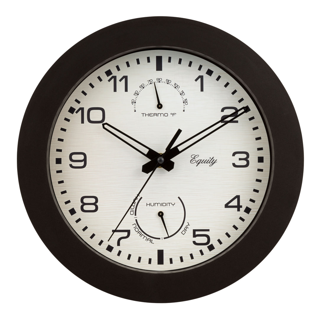 29005 10-inch Waylon indoor outdoor wall clock with temperature and humidity, featuring a linen design dial with a dark brown frame, stylized cut-out hour and minute hands, and a second hand