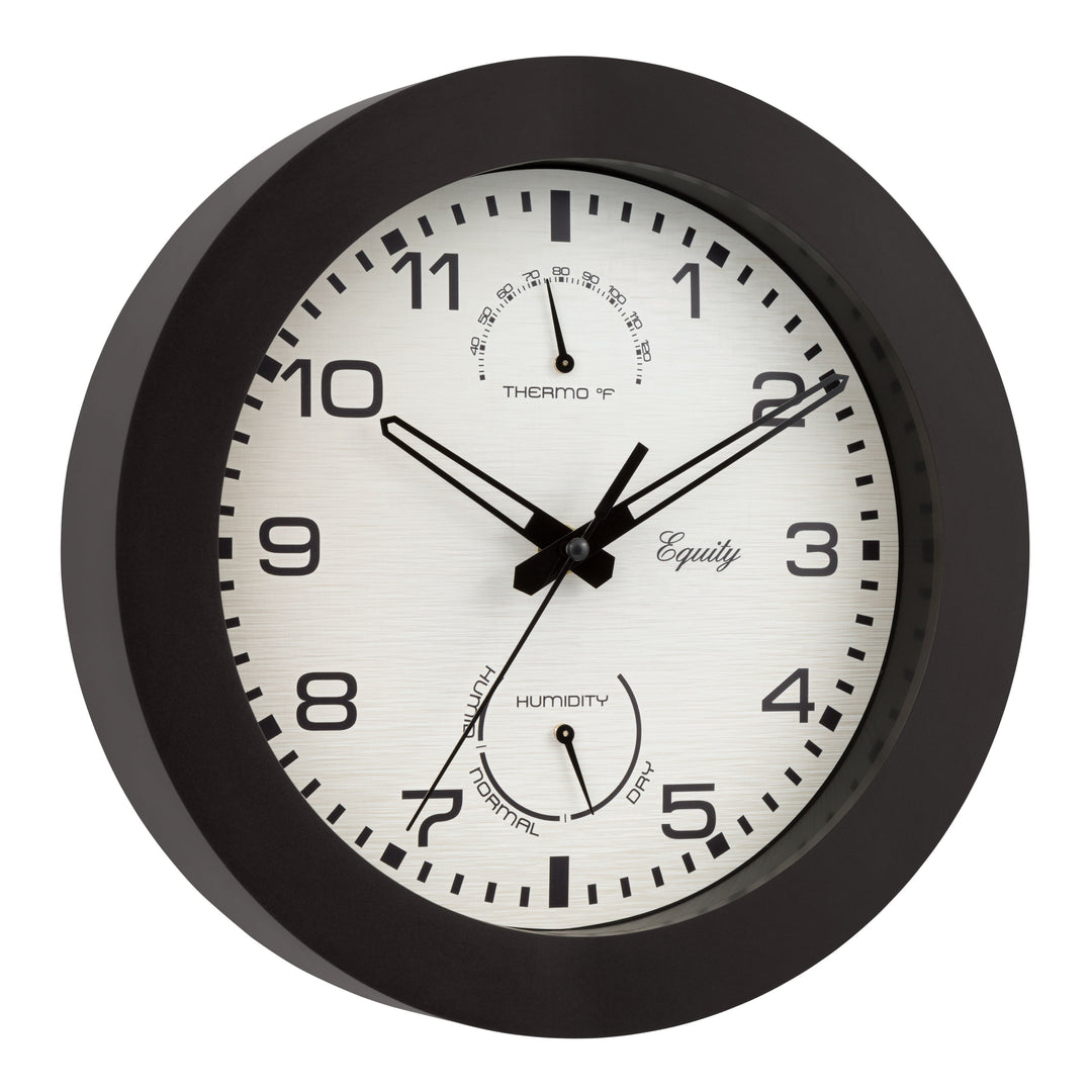Right-facing 29005 10-inch Waylon indoor outdoor wall clock with temperature and humidity, featuring a linen design dial with a dark brown frame, stylized cut-out hour and minute hands, and a second hand