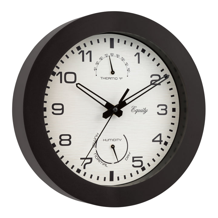 Right-facing 29005 10-inch Waylon indoor outdoor wall clock with temperature and humidity, featuring a linen design dial with a dark brown frame, stylized cut-out hour and minute hands, and a second hand