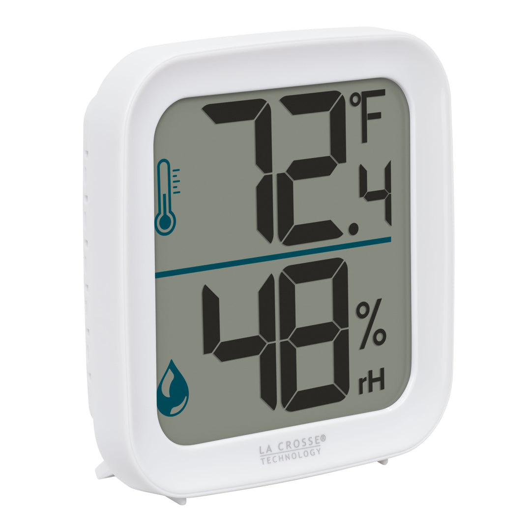 Right-facing image of the 302-1407W Thermometer with Temperature and Humidity - White. The thermometer features a white square case and a digital screen with large temperature and humidity readings. Next to the digits are corresponding temperature and humidity icons in blue.