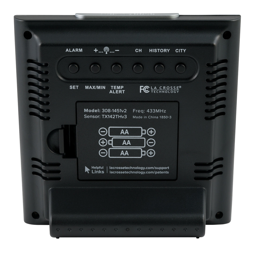 Back view of the 308-1451v2 Fisherman Forecast Weather Station showing the battery compartment button function and links to support 