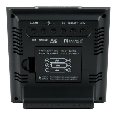 Back view of the 308-1451v2 Fisherman Forecast Weather Station showing the battery compartment button function and links to support 