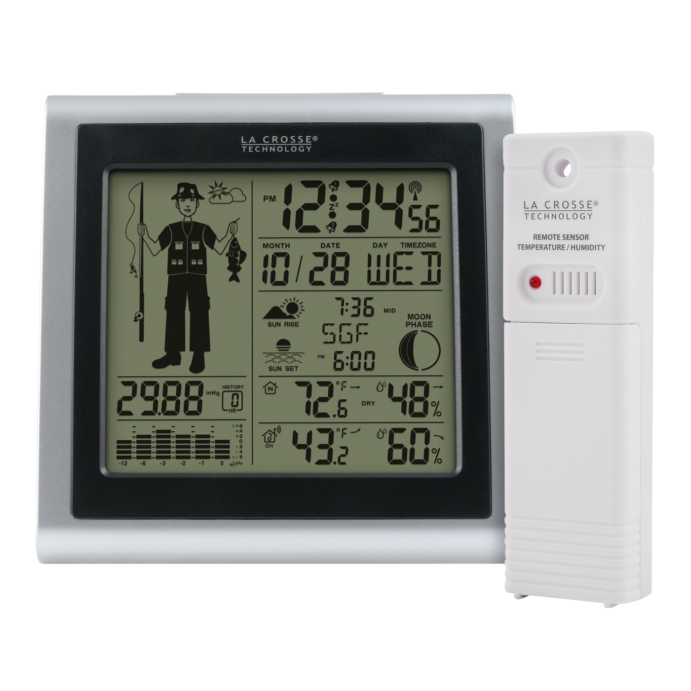 Fisherman icon weather station with temp humidity sensor and readings including moon phase sunrise sunset barometric pressure graph in a silver and black case 