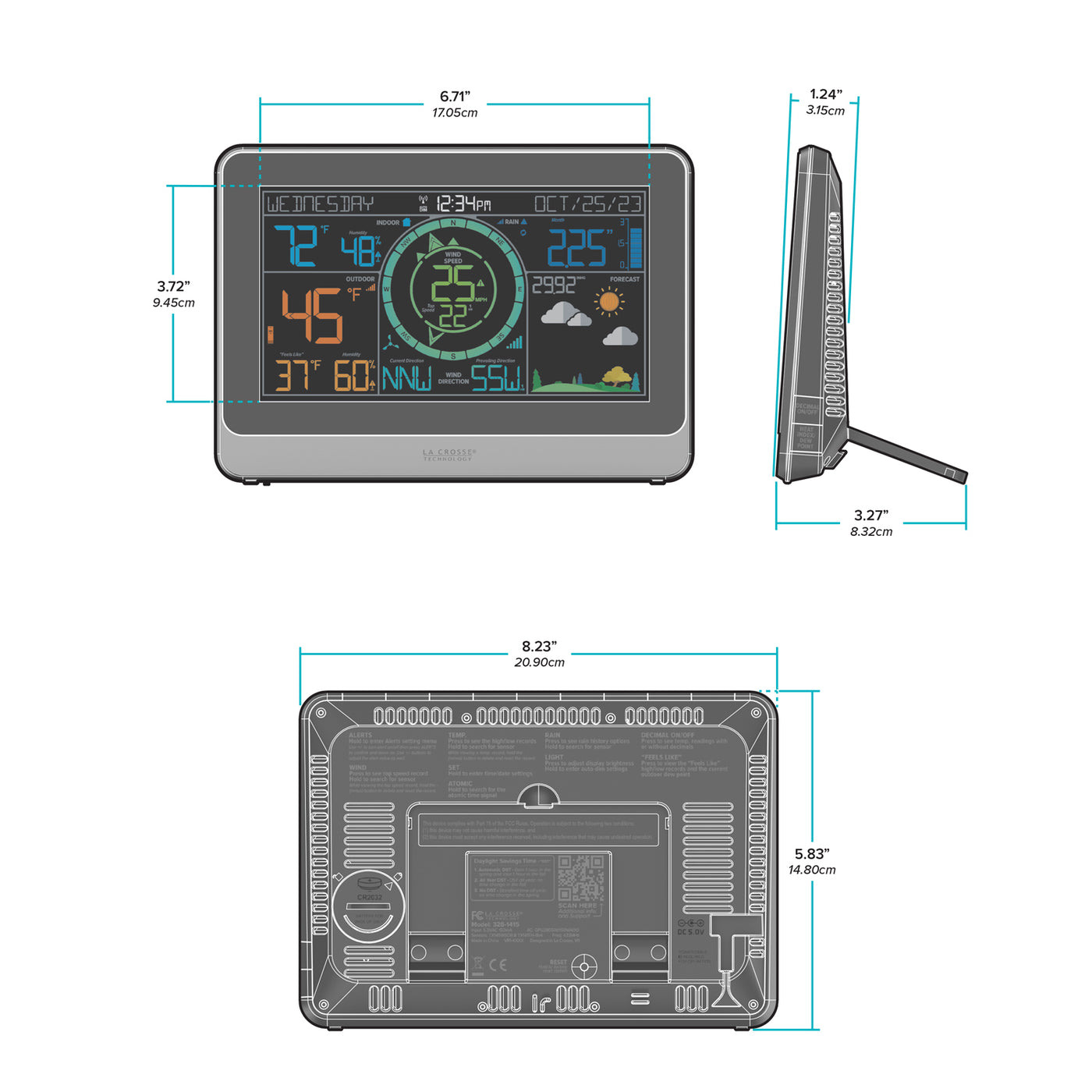 328-1415 Professional Color Weather Station - dimensions