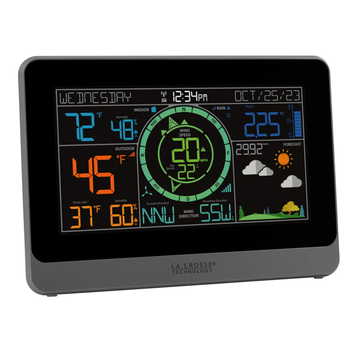 Right facing image of the 328-1415 Professional Color Weather Station displaying calendar, indoor and outdoor temperature and humidity with a compass ross- display right