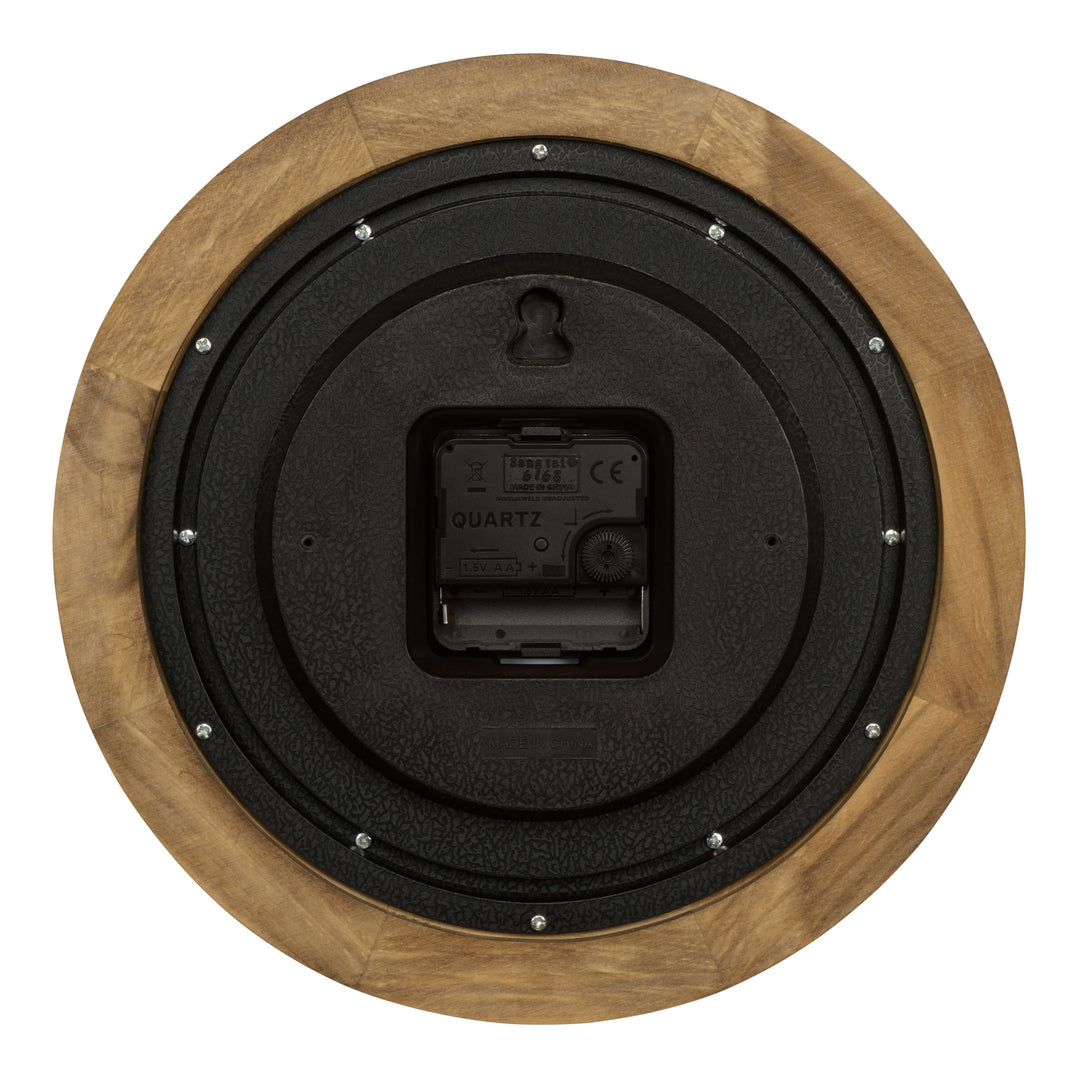 Back view of the 404-2625 10-inch Linwood wood wall clock highlights the clock&