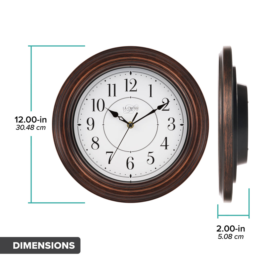 Orthographic dimensions of the 404-2630W Evelyn Wall clock with a head on and side view image and text 12 inch diameter and 2 inch depth also listing centimeters