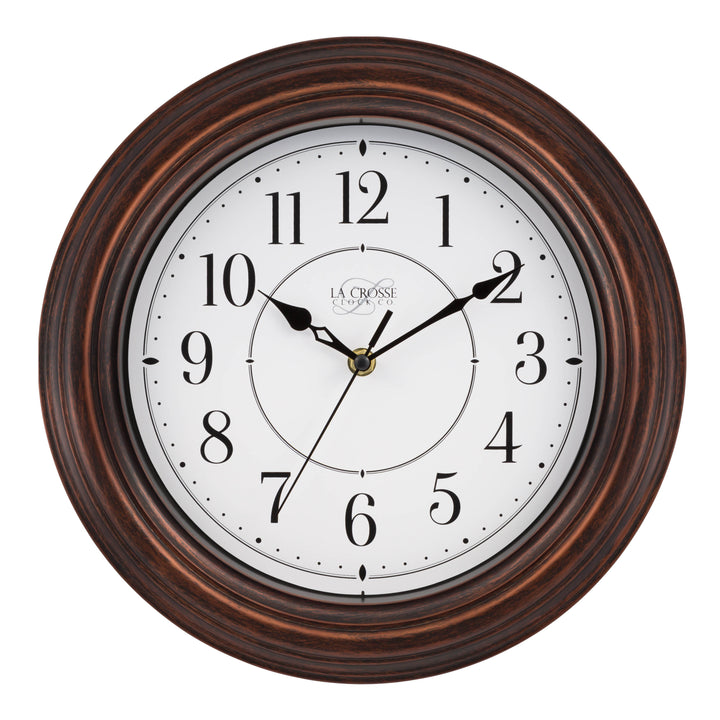 Head on view of the 404-2630W Evelyn Wall Clock with an oiled bronze finish frame surrounding a white dial with black stylized numbers and time markings featuring black hour minute and second hands