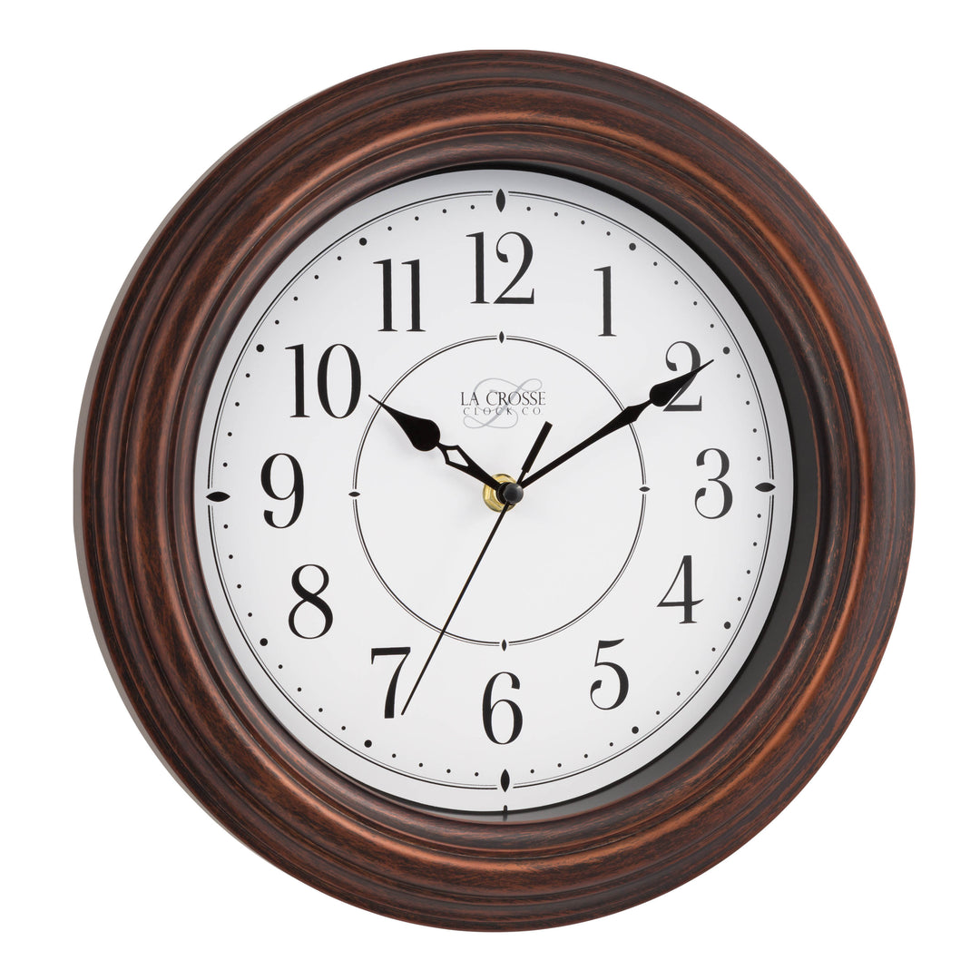 Right facing view of the 404-2630W Evelyn Wall Clock with an oiled bronze finish frame surrounding a white dial with black stylized numbers and time markings featuring black hour minute and second hands
