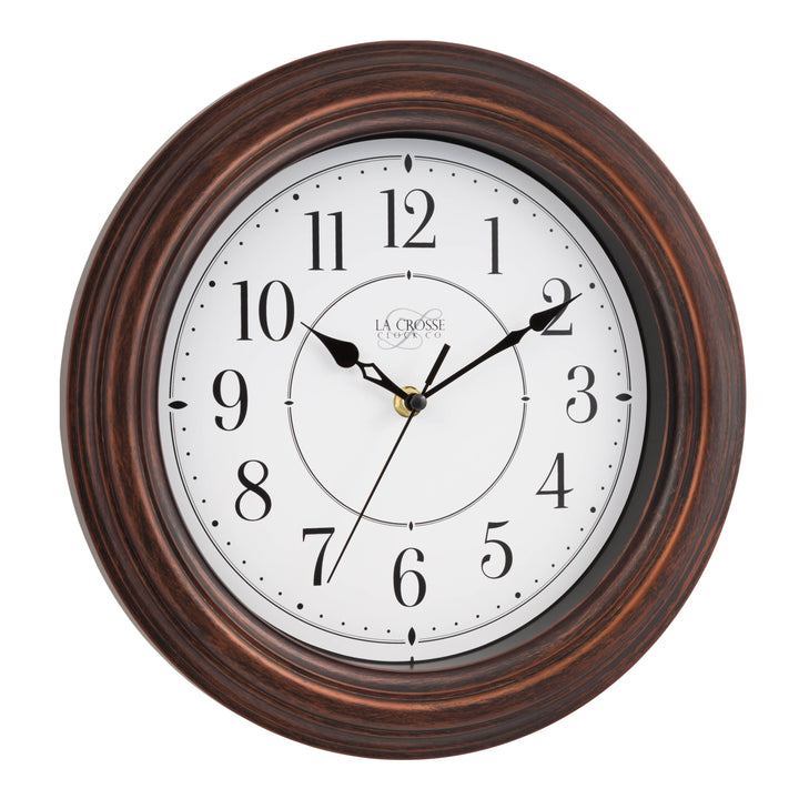 Right facing view of the 404-2630W Evelyn Wall Clock with an oiled bronze finish frame surrounding a white dial with black stylized numbers and time markings featuring black hour minute and second hands