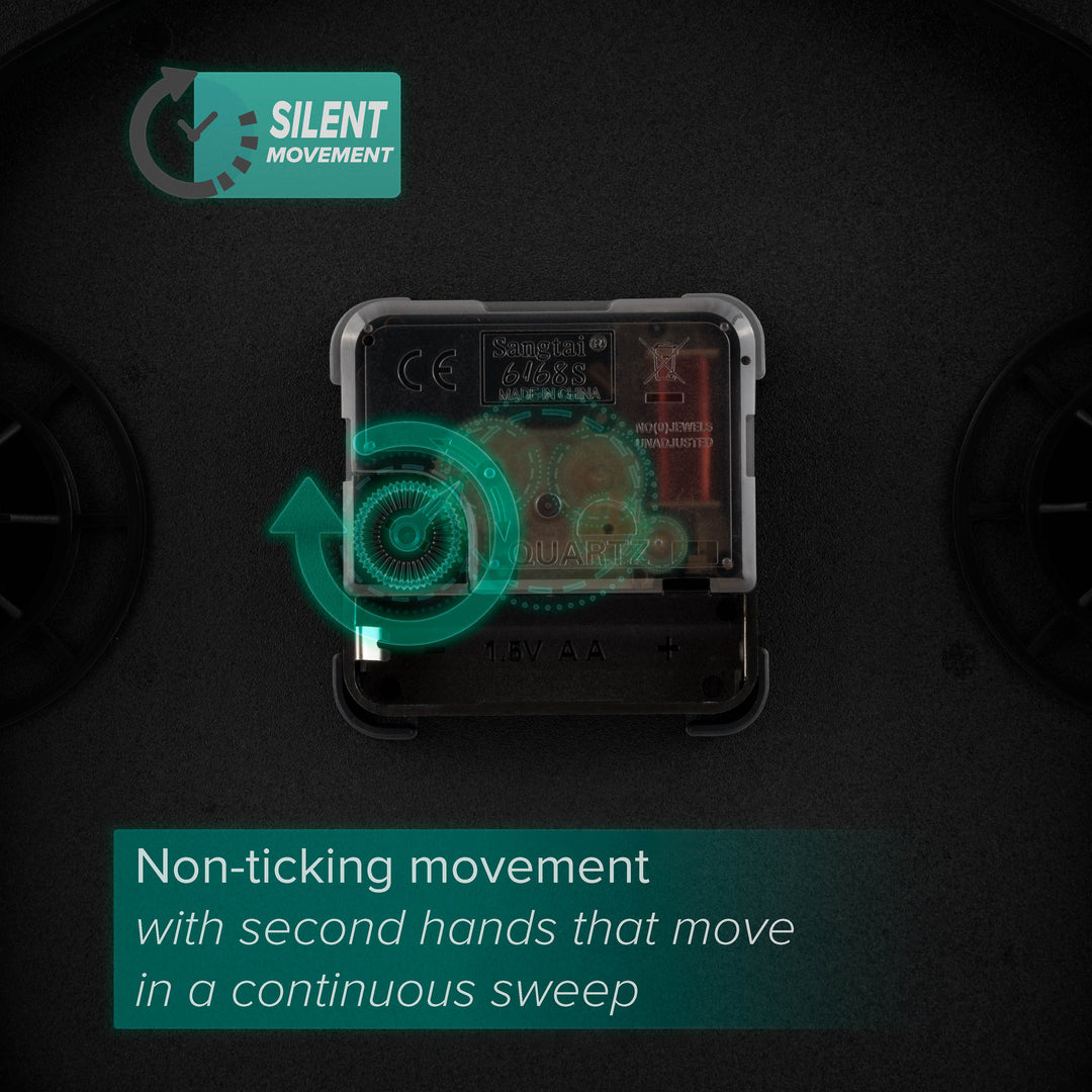 image showing the silent sweep quartz movement with text explaining that it is non-ticking movement with a second hand that moves in a continuous sweep