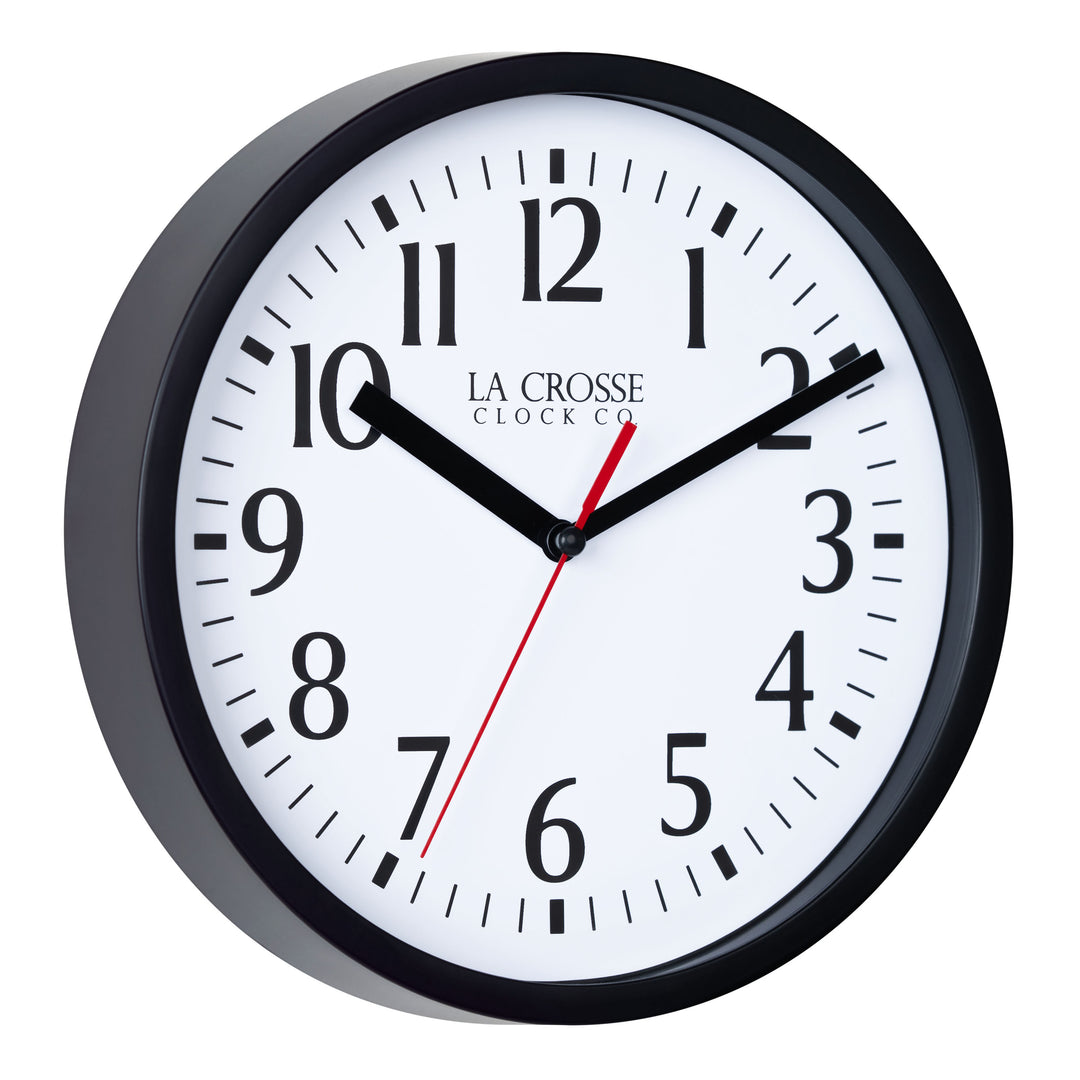 Right-facing image of the frame detail of the 404-3020B-4TZ Four Pack 8-inch Basic Wall Clock with City Plaques. The clock features a black frame with a white clock face, black numbers, black hour and minute hands, and a red second hand.