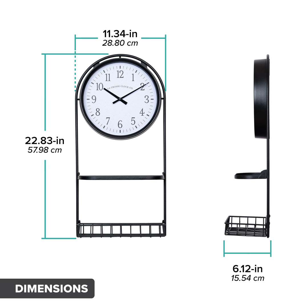 Orthographic dimensions of the 404-3022 Depot Wall Clock with Basket and Shelf showing a total height of 22.83 in, length of 11.34 in, and depth of 6.12 in.