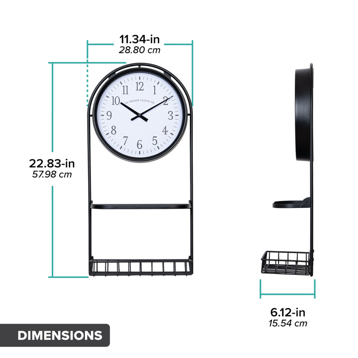Orthographic dimensions of the 404-3022 Depot Wall Clock with Basket and Shelf showing a total height of 22.83 in, length of 11.34 in, and depth of 6.12 in.