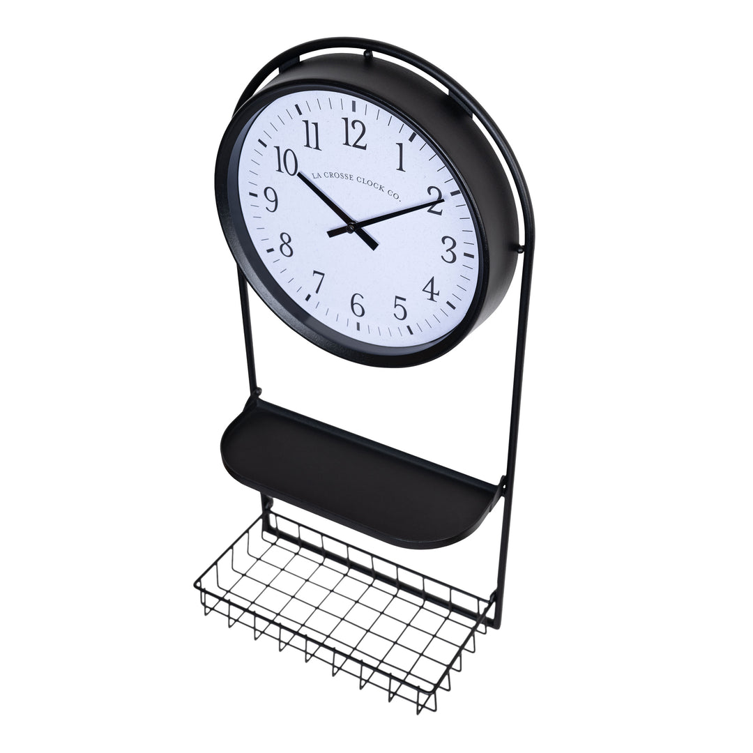 Top-down image of the 404-3022 Depot Wall Clock with Basket and Shelf featuring a Black Metal Frame with a shelf and a basket, archival paper-inspired dial, black numbers, and black metal hour and minute hands.