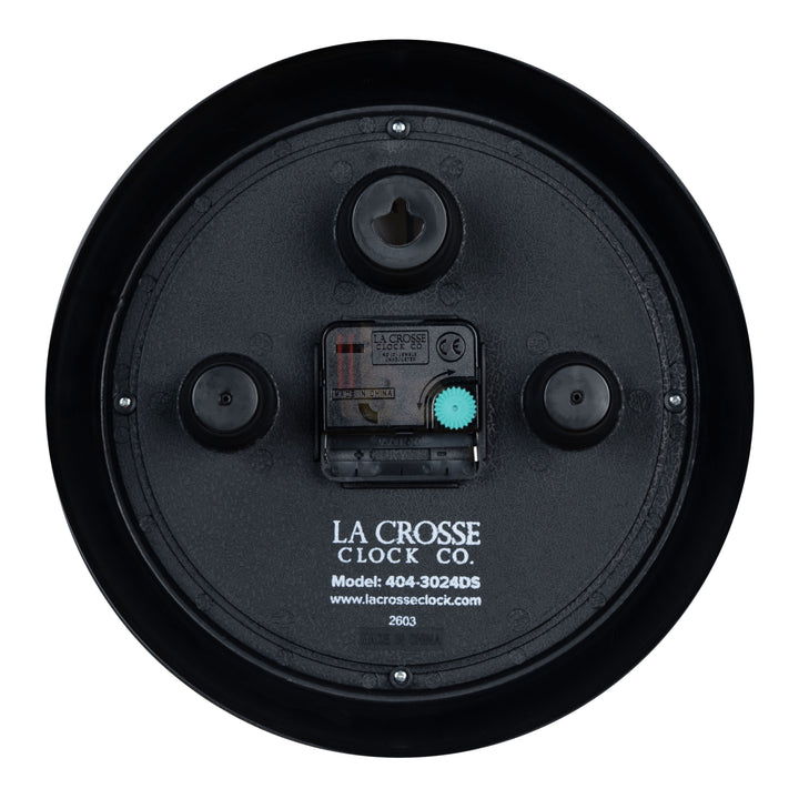 Back image of the 404-3024DS 9.5-inch Diner Clock – Dark Slate, showing the battery compartment, the silent sweep quartz movement, and the hanging hole.
