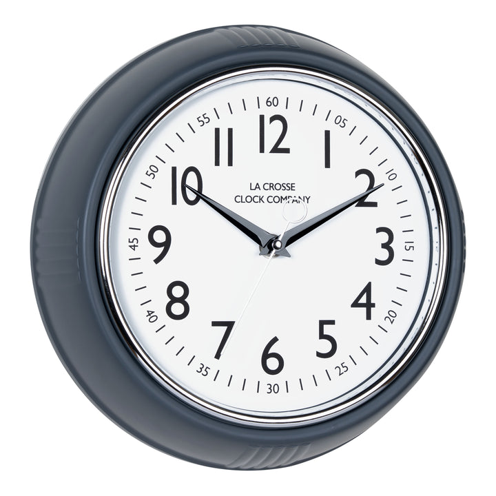 Right-facing image of the 404-3024DS 9.5-inch Diner Clock – Dark Slate. The clock features a retro-style dark slate frame with a white dial, chrome bezel, black numbers and minute markings, black metal hands, and a silver second hand.