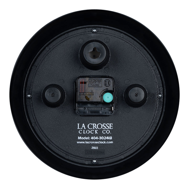 Back image of the 404-3024IB 9.5-inch Diner Clock – Indigo Blue, showing the battery compartment, the silent sweep quartz movement, and the hanging hole.