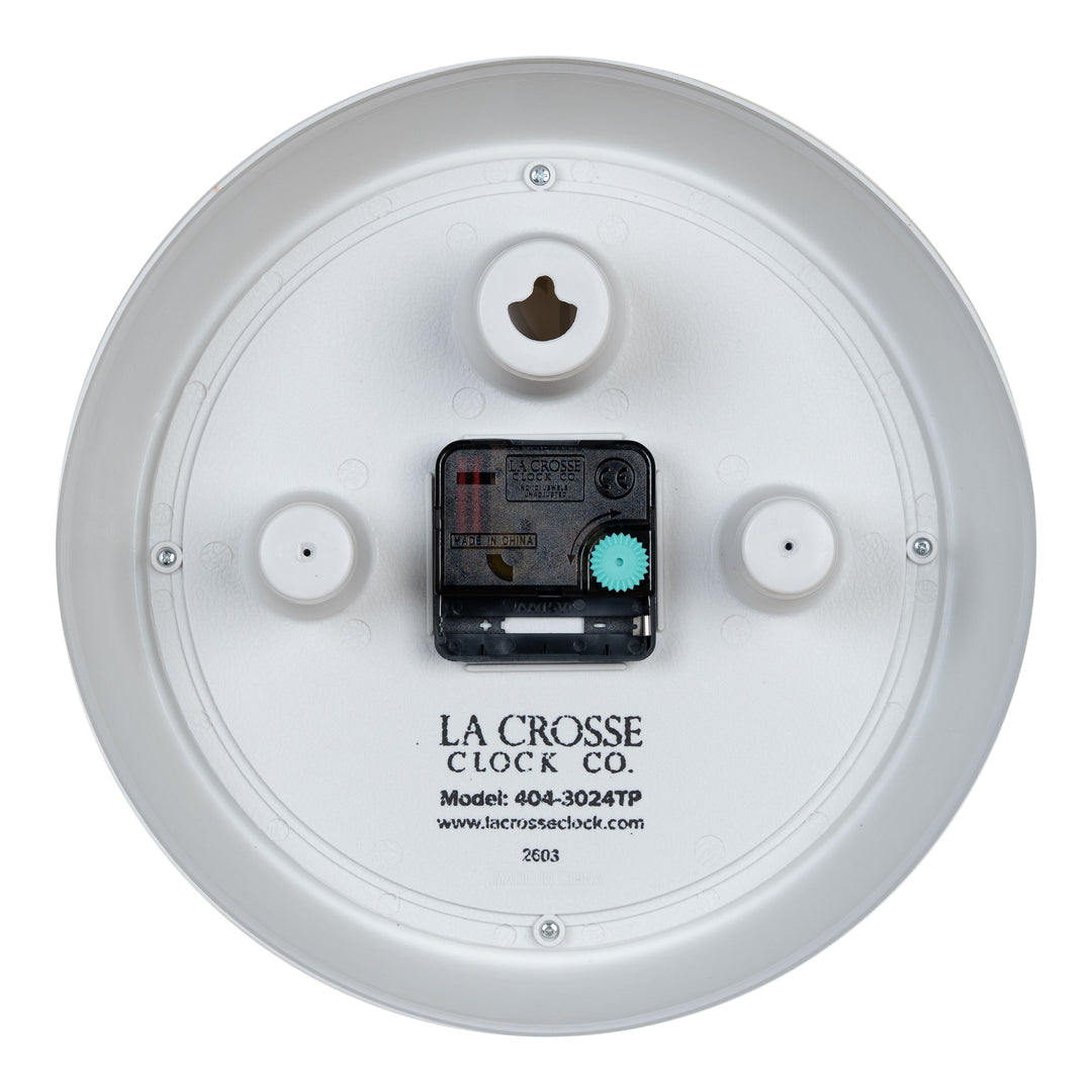 Back image of the 404-3024TP 9.5-inch Diner Clock – Taupe, showing the battery compartment, the silent sweep quartz movement, and the hanging hole.