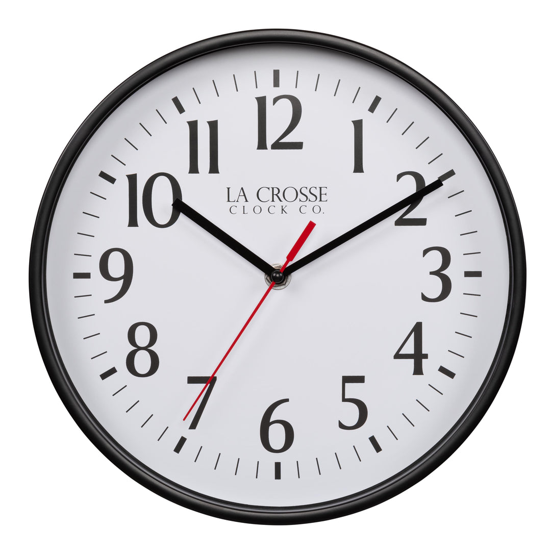 404-3025B 10-inch Basic Decor Wall Clock with a Black frame, white dial with black numbers, hour, and minute hands, and a red second hand