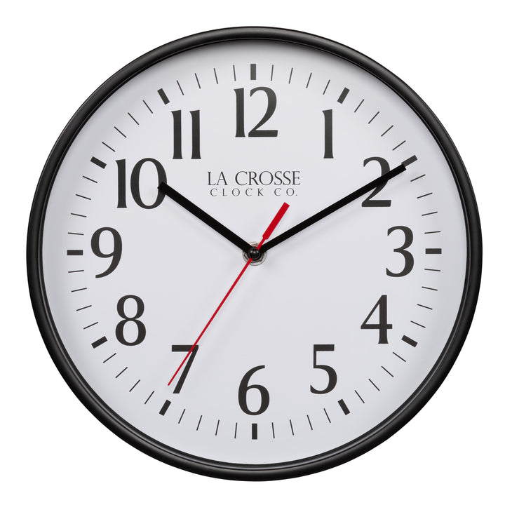 404-3025B 10-inch Basic Decor Wall Clock with a Black frame, white dial with black numbers, hour, and minute hands, and a red second hand