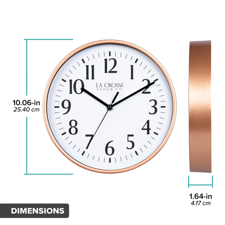 Orthographic image of the 10-inch Basic Decor Wall Clock with Copper metallic design frame white dial with black numbers and hour, minute and second hands with dimensions in inches and centimeters