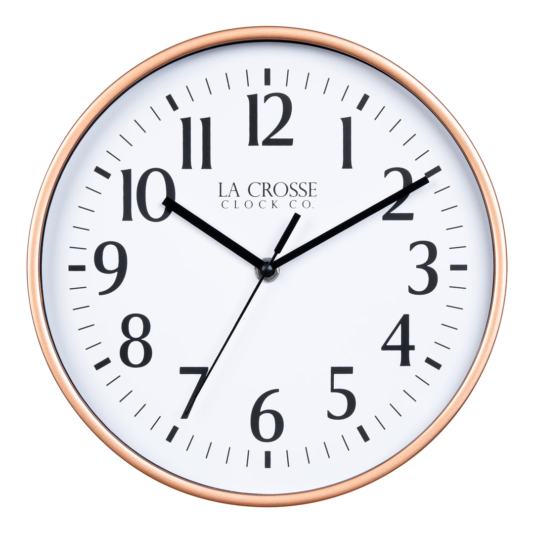 404-3025C 10-inch Basic Decor Wall Clock with Copper metallic design frame white dial with black numbers and hour, minute and second hands