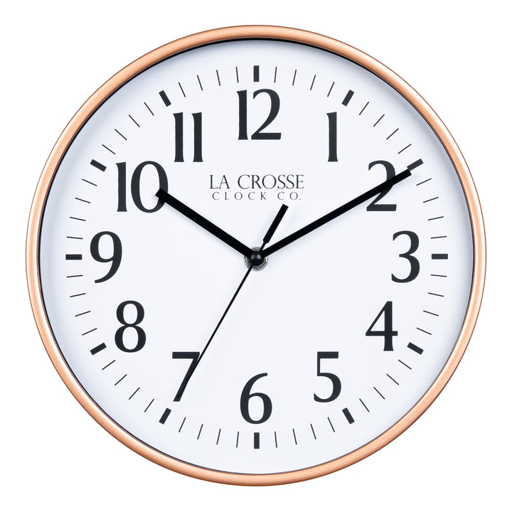 404-3025C 10-inch Basic Decor Wall Clock with Copper metallic design frame white dial with black numbers and hour, minute and second hands