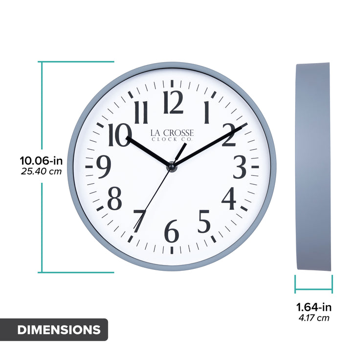 Orthographic image of the 10-inch Basic Decor Wall Clock with Gray blue frame white dial with black numbers and hour, minute and second hands with dimensions in inches and centimeters