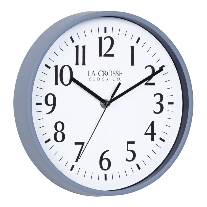 Right facing image of the 404-3025GB 10-inch Basic Wall Clock - Gray Blue featuring a gray blue frame, with a white dial, black numbers, hour, minute, and second hands.