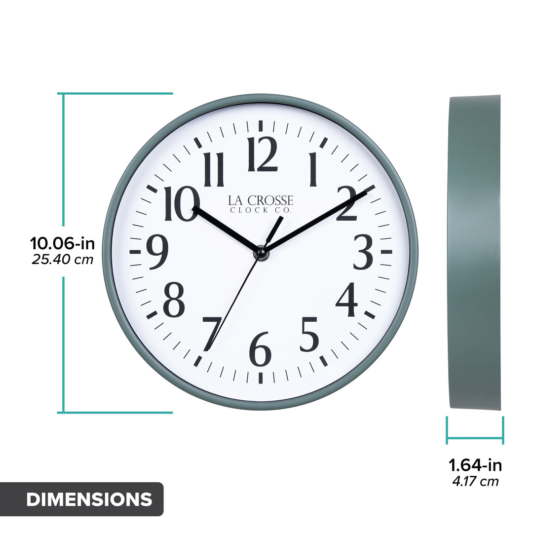 Orthographic image of the 10-inch Basic Decor Wall Clock with Green frame white dial with black numbers and hour, minute and second hands with dimensions in inches and centimeters