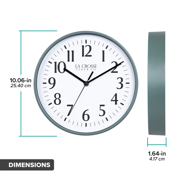 Orthographic image of the 10-inch Basic Decor Wall Clock with Green frame white dial with black numbers and hour, minute and second hands with dimensions in inches and centimeters