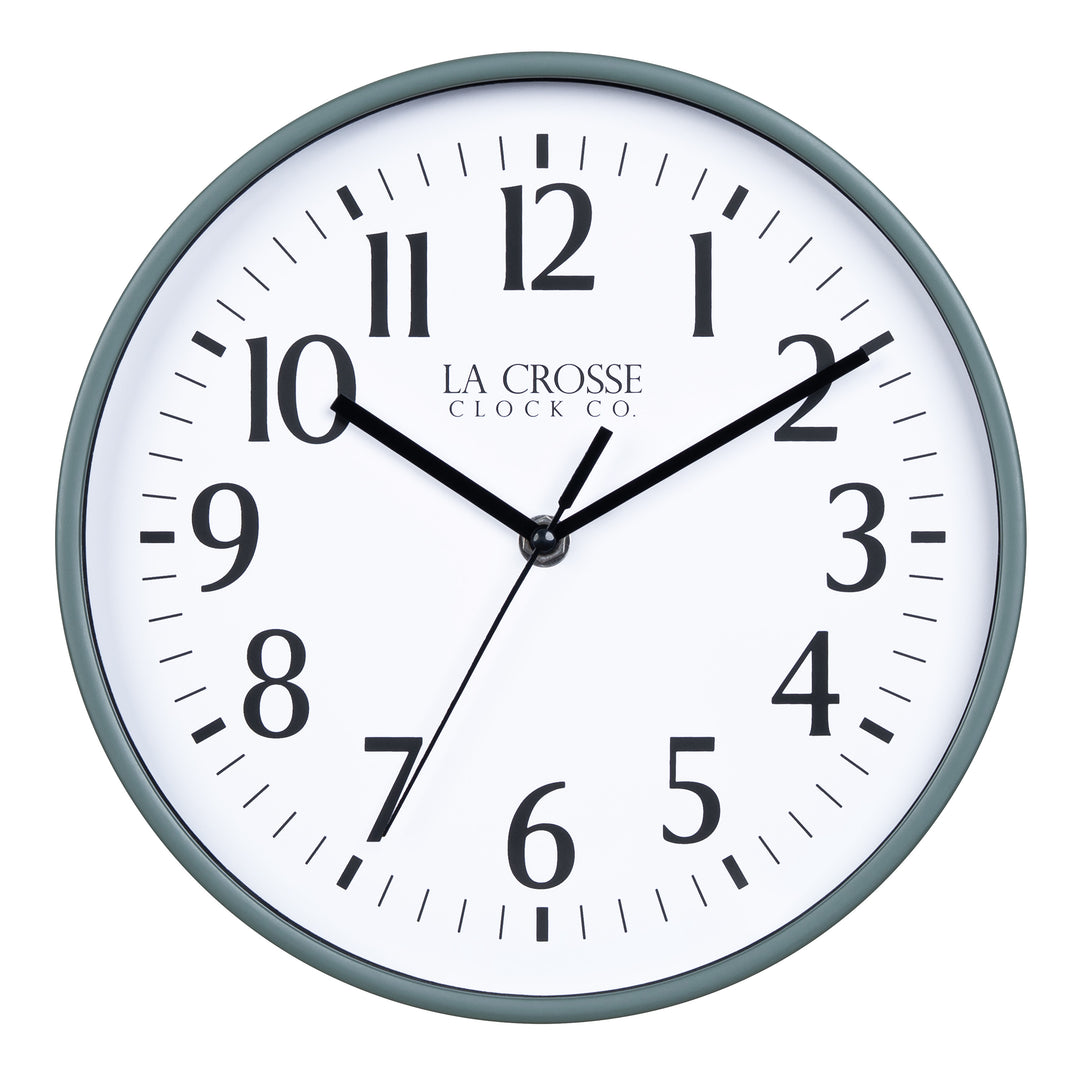 404-3025G 10-inch Basic Decor Wall Clock with Sage Green frame, white dial with black numbers and hour, minute, and second hands