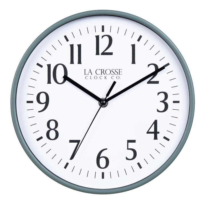 404-3025G 10-inch Basic Decor Wall Clock with Sage Green frame, white dial with black numbers and hour, minute, and second hands