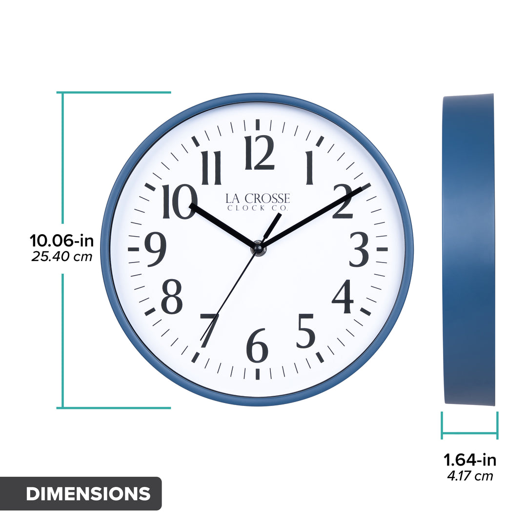 Orthographic image of the 10-inch Basic Decor Wall Clock with Navy Blue frame white dial with black numbers and hour, minute and second hands with dimensions in inches and centimeters