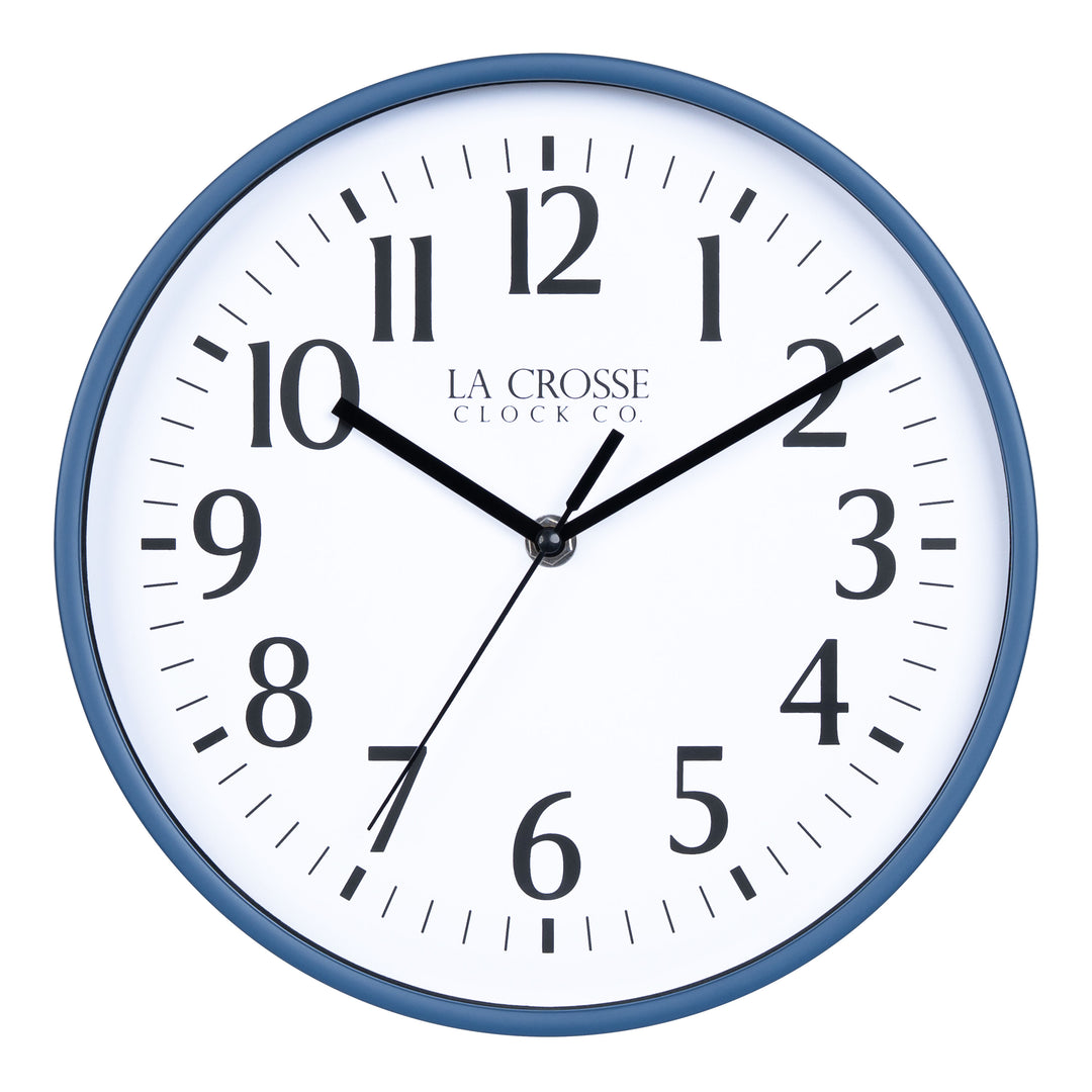 404-3025NB 10-inch Basic Decor Wall Clock with Navy Blue frame, white dial with black numbers and hour, minute, and second hands