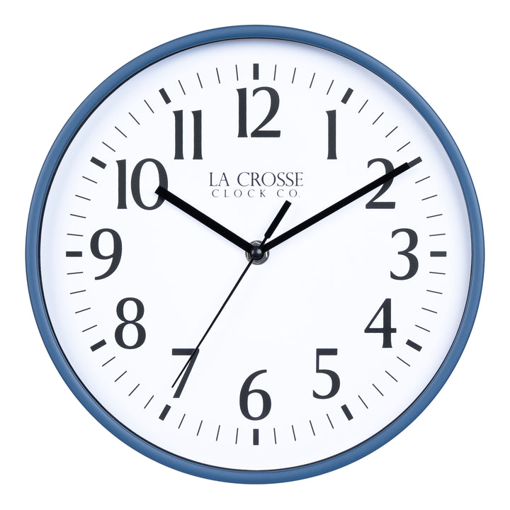 404-3025NB 10-inch Basic Decor Wall Clock with Navy Blue frame, white dial with black numbers and hour, minute, and second hands